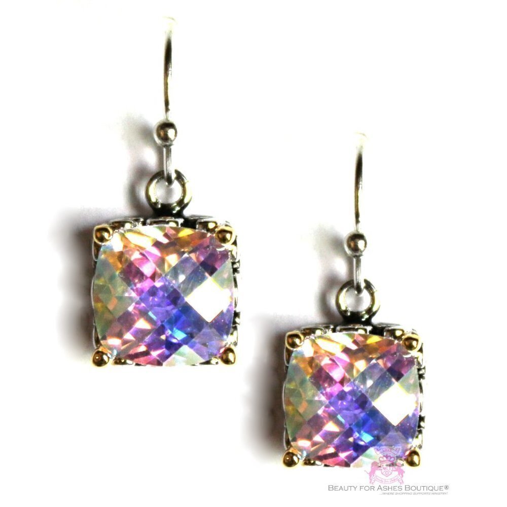 8mm Checker Throne Room Glory Fire Aurora Borealis Rainbow AB CZ Dangle Earrings
